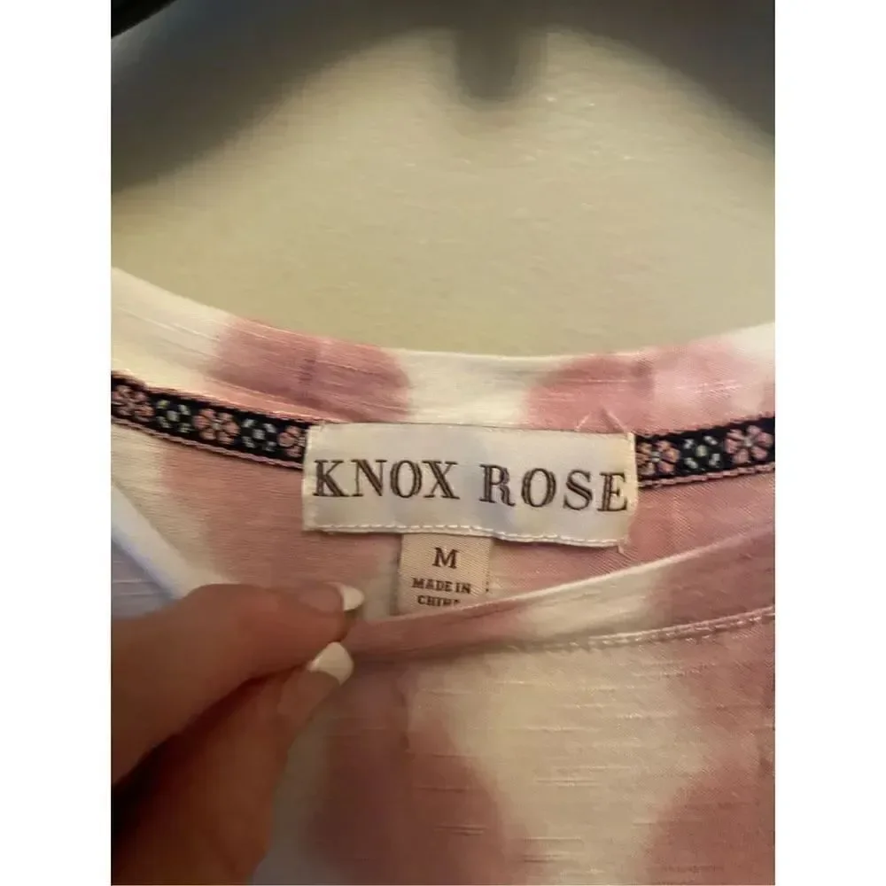 Knox Rose tie-dye top, pink and white, ruffled sleeves, size medium